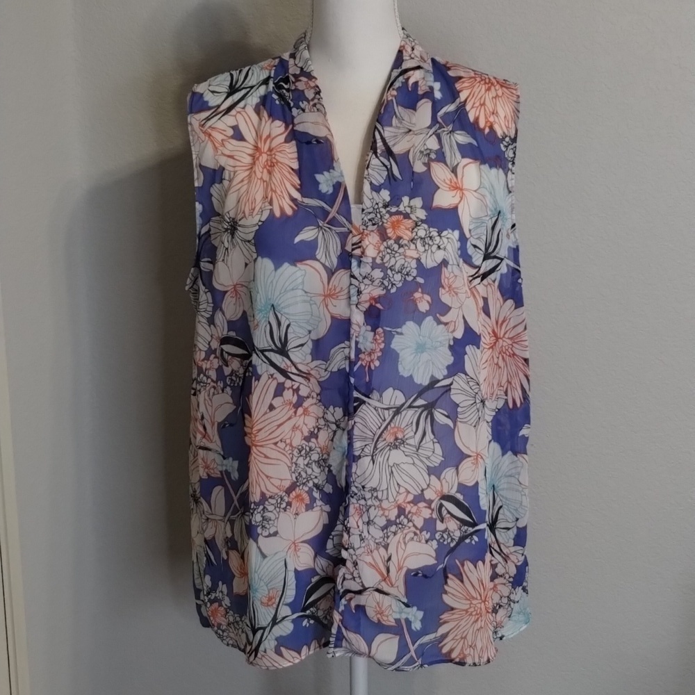 Collection By Bobeau Blue Orange Floral Sleeveless Blouse Sheer Size 1X